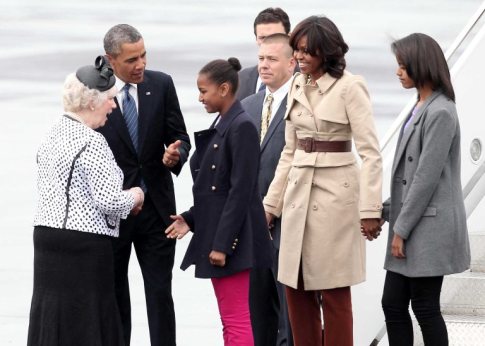 Mandatory Credit: Photo by Press Eye Ltd / Rex Features (2588412b) Lord Lieutenant Joan Christie greets President Barack Obama, Michelle Obama and daughters Sasha and Malia Obama World leaders arriving ahead of the G8 Summit, RAF Aldegrove, Northern Ireland, Britain - 17 Jun 2013 Northern Ireland Executive Ministers Arlene Foster and Michelle O'Neill with Lord Lieutenant Joan Christie and Minister of State Mike Penning greet President Barack Obama, Michelle Obama and daughters, as President Barack Obama arrives in Northern Ireland for the G8 Summit in Enniskillen.